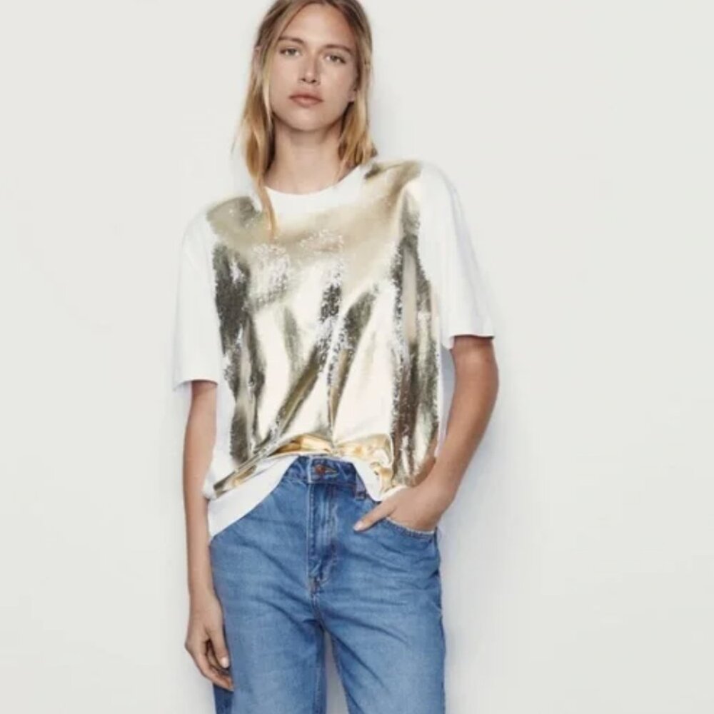 ✨ ZARA Gold Metallic Print T-Shirt - New✨ - Picture 4 of 6
